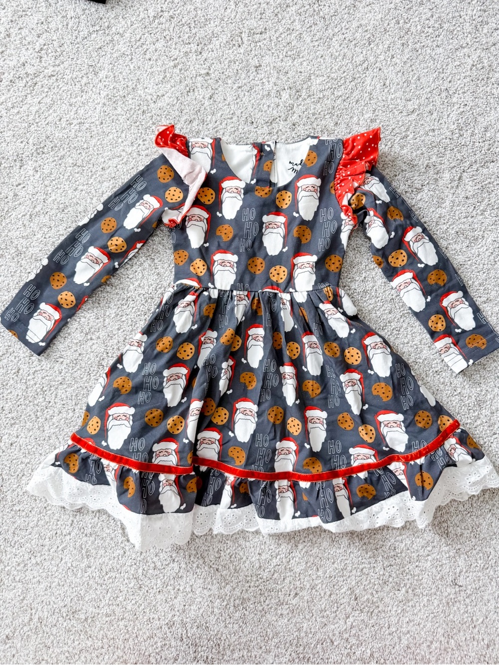 Girls' Holiday Santa & Cookies Ruffle Dress - Gray and Red